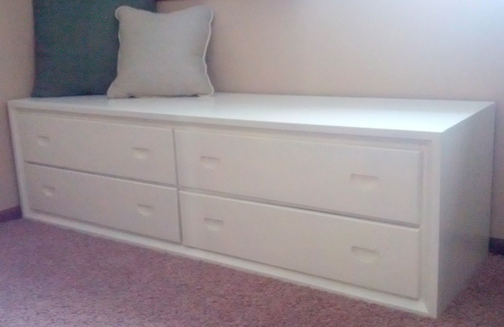 white modern bench made from old dresser