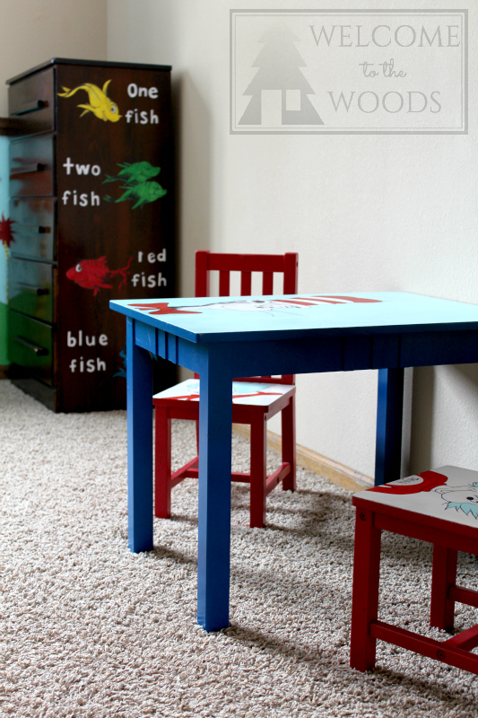 Hand painted furniture Suess theme, table and chairs for kids and a sticker decal dresser design