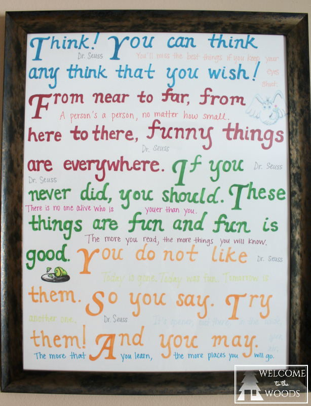 Poster wall decor of Dr. Seuss quotes inspirational collage.