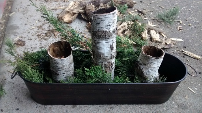 Make a center piece for holding candles or ornaments with real birch bark