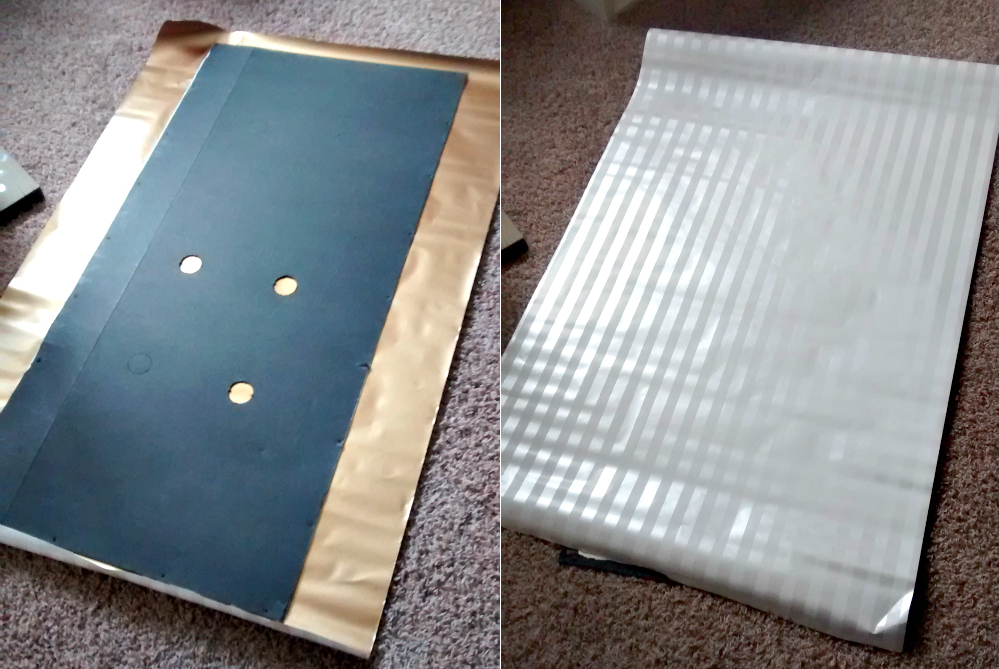 Cover the backing of your entertainment center or bookshelf with wrapping paper to make it better!