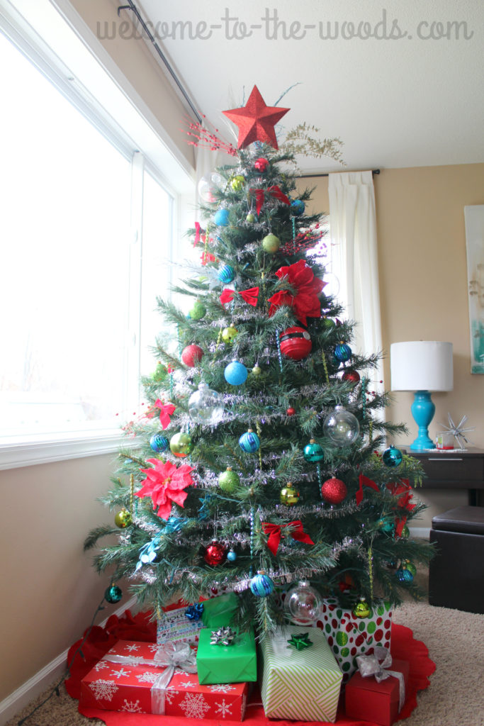 Christmas Tree Decor red, green, and blue ornaments adorn this whimsical and festive tree!