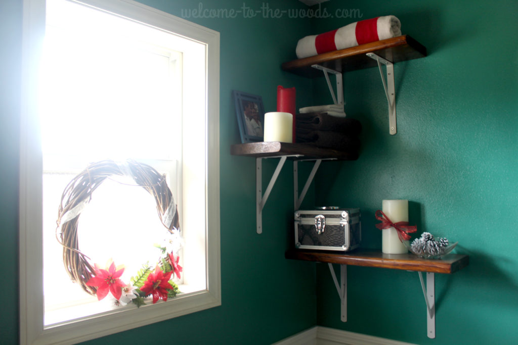 Decorating for Christmas in unusual places. The bathroom with teal, red, and white.