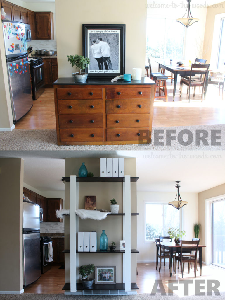 An awkward wall in the living room gets custom built shelves and looks 100% better!