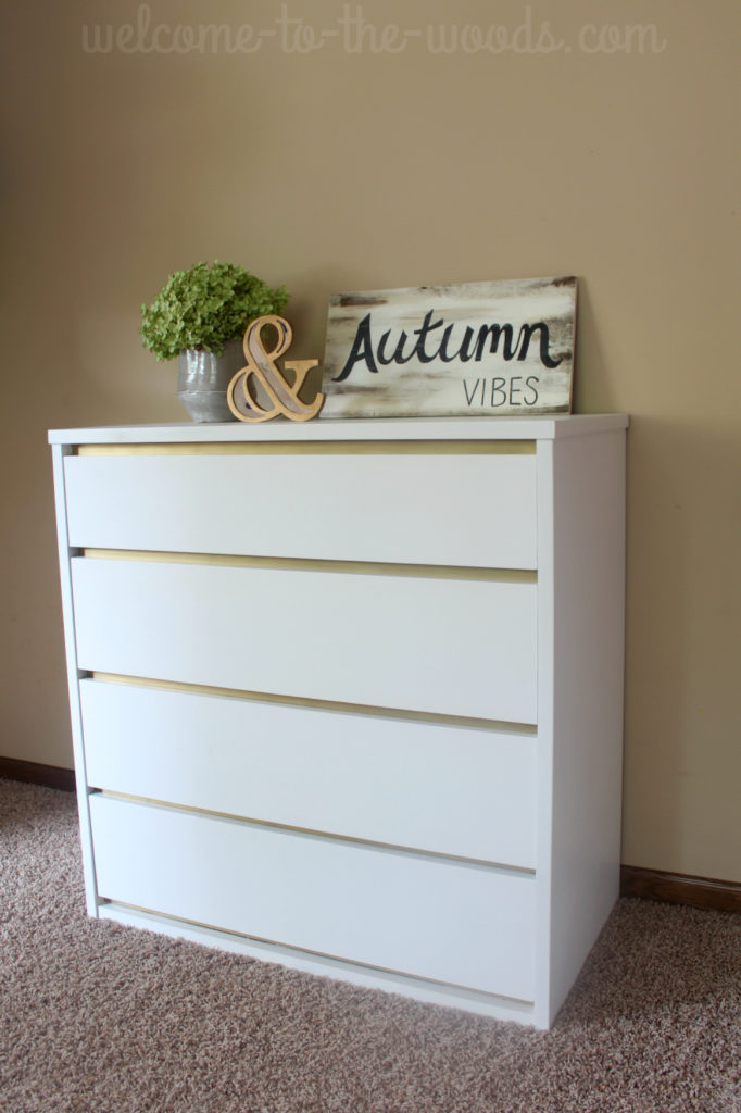 Mid-century modern dresser makeover in white with gold accents