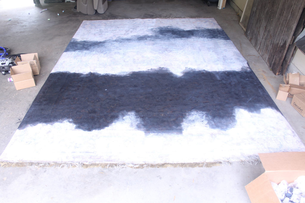 Painting a rug step 1, coat sections with fabric paint. The black covered better than the white.