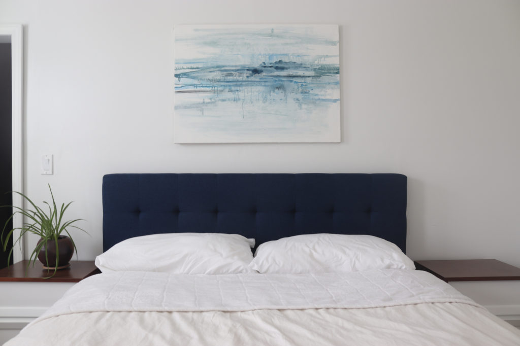 Minimalist modern bedroom design blue upholstered bed