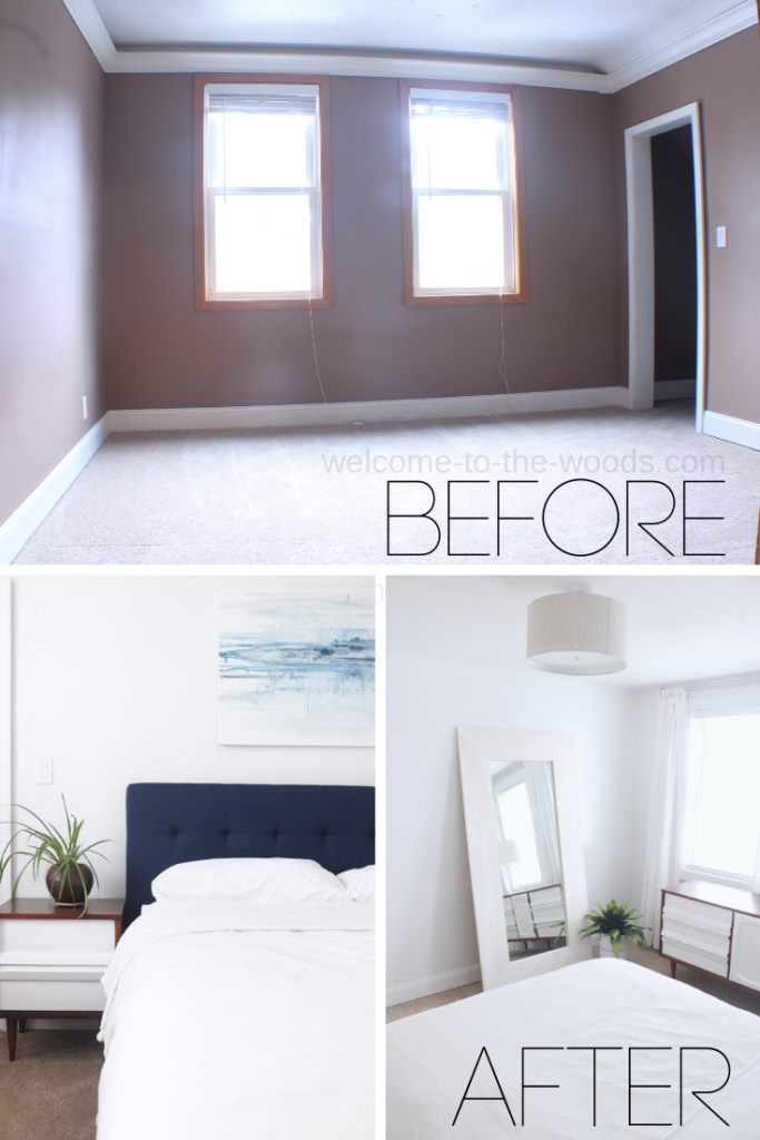 Before and after minimalist bedroom transformation. Amazing DIY projects and video tutorials included!