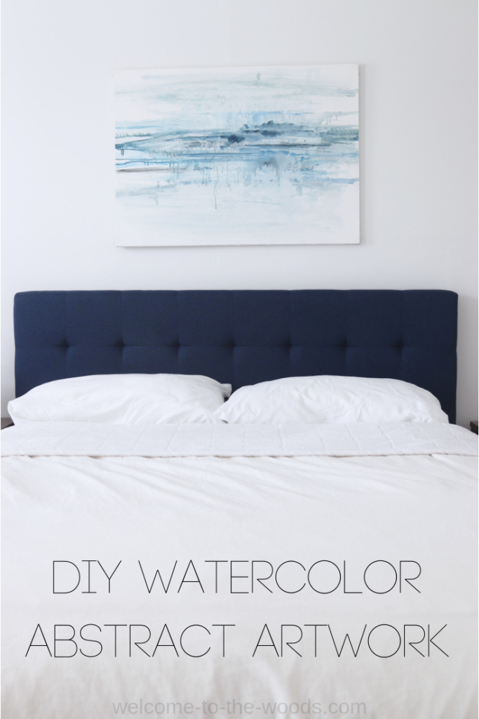 DIY watercolor abstract art decor above master headboard bedroom