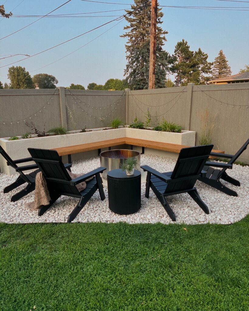 a full look at the finished diy fire pit patio 